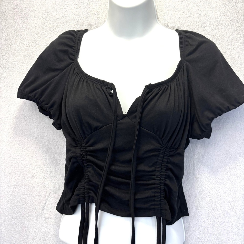 NWT Hearts Collective‎ Cropped Top Womens XL Black Puff Sleeve Ruched Goth Punk